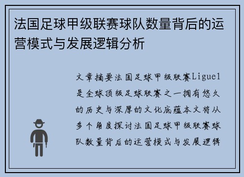 法国足球甲级联赛球队数量背后的运营模式与发展逻辑分析