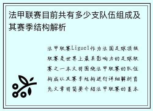 法甲联赛目前共有多少支队伍组成及其赛季结构解析