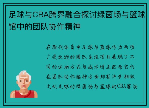 足球与CBA跨界融合探讨绿茵场与篮球馆中的团队协作精神