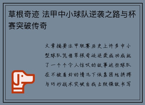 草根奇迹 法甲中小球队逆袭之路与杯赛突破传奇