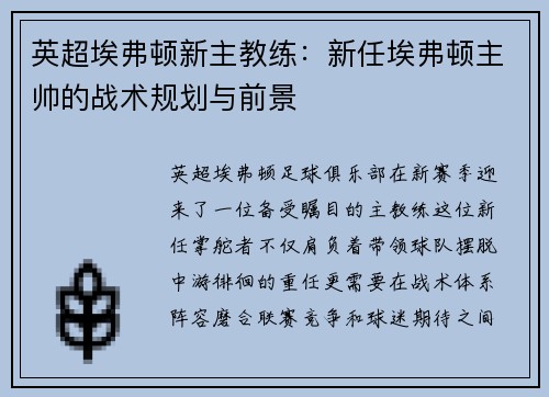 英超埃弗顿新主教练：新任埃弗顿主帅的战术规划与前景
