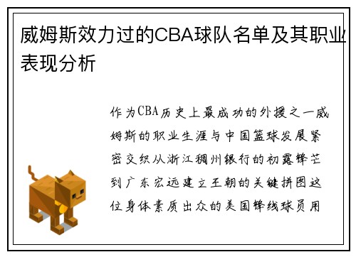 威姆斯效力过的CBA球队名单及其职业表现分析